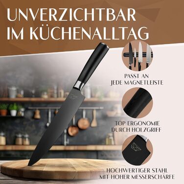 Кухонний ніж Glavory з чорним лезом та дерев'яною ручкою, 20 см - професійний кухонний ніж з надзвичайно гострим лезом, в подарунковій упаковці