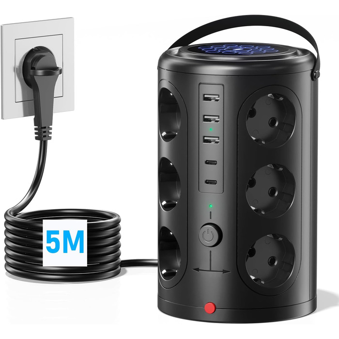 Багаторозкладна мережева панель з 5 USB, 12 розеток, захистом від перенапруги, 5 м, чорна