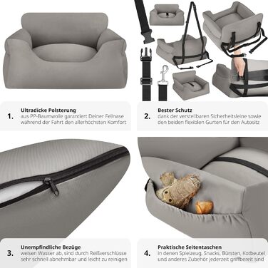 Автокрісло для собак tectake®: зручне автоліжко для собак з підсумком, 55 x 50 x 29 см, сіре