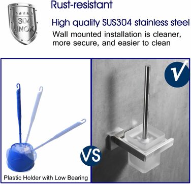 Toilet Brush and Holder Wall Brush Holder, Chrome, Toilet Brush Set Toilet Brush Set Made of 304 Stainless Steel and Frosted Glass for Bathroom (Brushed Nickel)