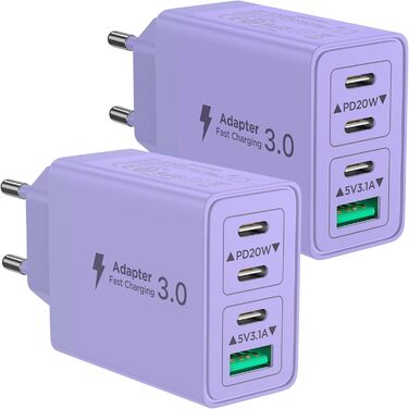 Двопакет USB-C зарядний пристрій Aioneus 4 порти з USB-C та USB-A, 40W швидка зарядка PD 3.0, блок живлення для iPhone 16 15 14 Pro Max 13 12 11 SE 2020 XS, Samsung, телефонів, фіолетовий