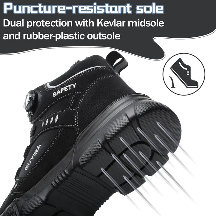 Черевики робочі зимові чоловічі/жіночі, зимові безпечні черевики з підкладкою, водонепроникні, черевики безпеки зі сталевим підноском, антиковзаючі, теплі, зі швидкою застібкою, самозатягуючі, 36-46 EU (Чорний, 46 EU)