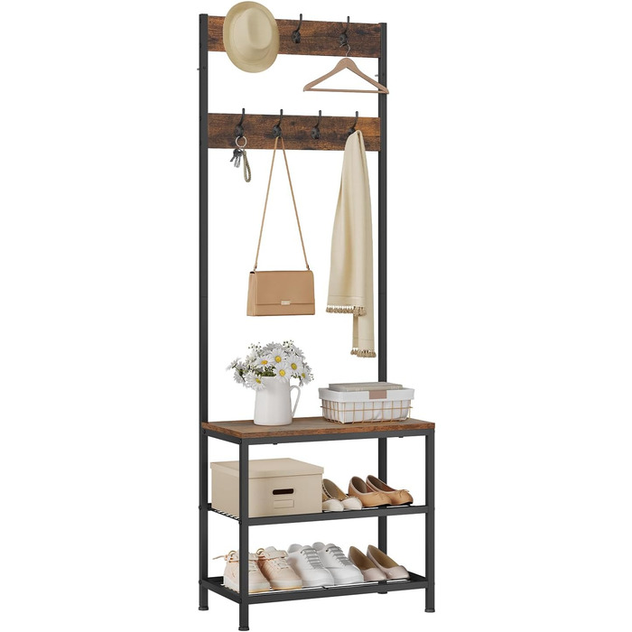 WOLTU Coat Rack Clothes Rail Laundry Rack Shoe Rack with Seat, with 7 Hooks, Made of Wood and Steel, Hanging Shelf, Black Vintage (Black + Rustic Brown)