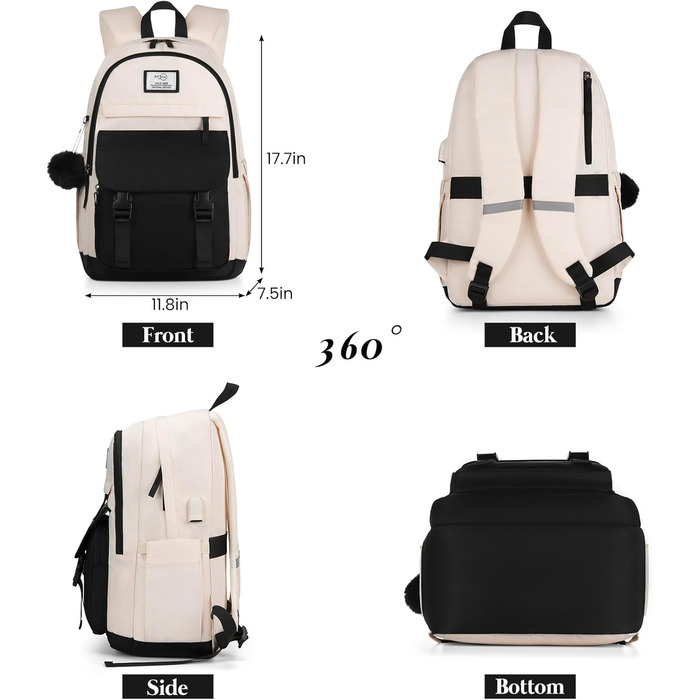 Жіночий рюкзак MOMUVO для підлітків та жінок, для ноутбука 15.6' | Коледжний рюкзак для школярок та студенток (Чорний, Бежевий)