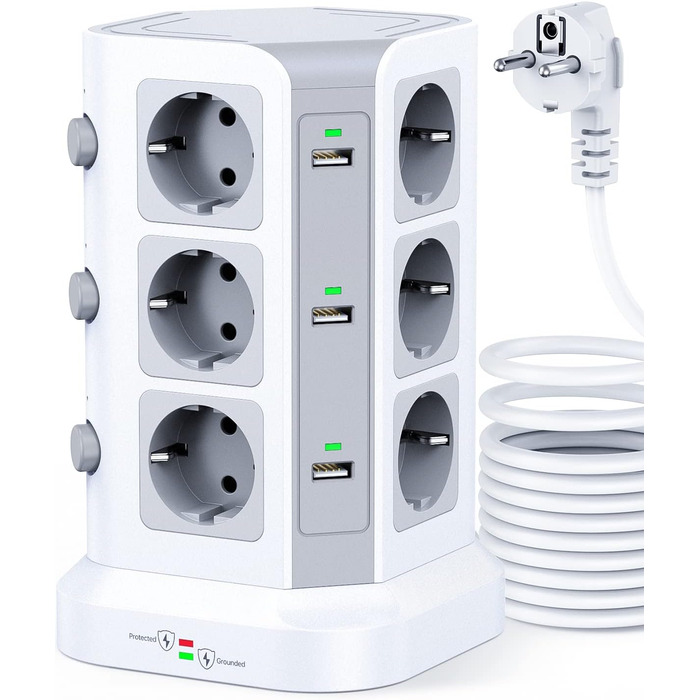 Стедова колонка KOOSLA з 12 розетками, захистом від перенапруги (4000W/16A) та 6 USB, 5м, білий - для офісу, кухні, столу