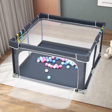 COSTWAY 124 x 124cm Baby Playpen, Foldable, Portable Playard with 50 Balls, 4 Grips, Locking Function, Crawling Gate with Net Walls & Door, Playpen Tent for Infants & Children (Dark Grey)