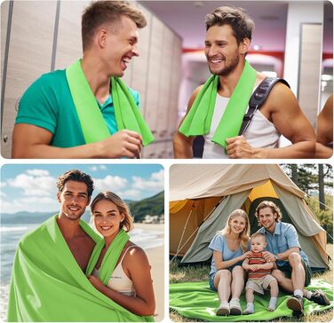 Набір з 3 рушників з мікрофібри - великий 200×100 см та 2 маленьких 80×40 см, швидковисихаючі спортивні рушники з мікрофібри, для подорожей, ванни, фітнесу та пляжу (зелений)