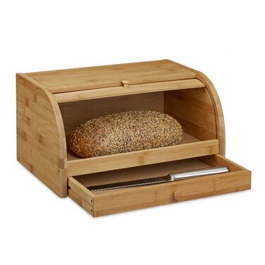 Relaxdays Roll Bread Box with Drawer, Bamboo