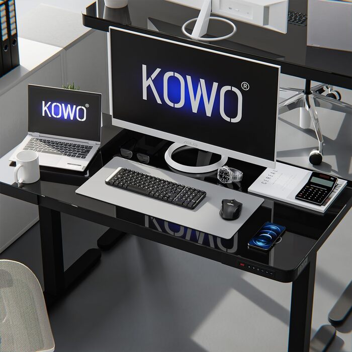Електричний регульований стіл KOWO 1.2 м з бездроговою зарядкою та USB-хабом, стільниця з ударостійкого скла, чорний