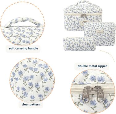 Косметичка для жінок, набір 3 шт. велика бавовняна косметичка для подорожей, органайзер для макіяжу, косметична сумочка з квітковим візерунком (блакитна павічева квітка)