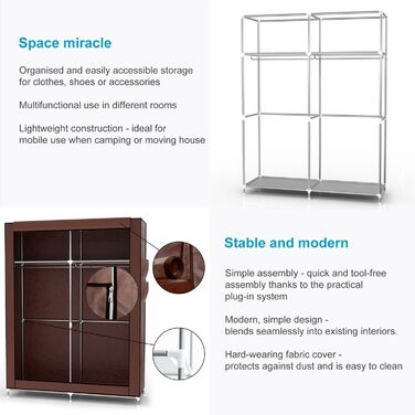 INTIRILIFE Folding Wardrobe 108x170x45 cm - Fabric wardrobe with zipper and clothes rail, side pocket and compartments - shelf, metal frame, storage (Coconut Brown)
