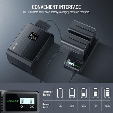 Зарядний пристрій NEEWER Dual USB з 2 шт. акумуляторами 6600mAh NP-F970, швидка зарядка для Sony NP-F970 F960 F950 F770 F750 F570 F550, Handycam, LED-ліхтарі, моторизовані слайдери NEEWER
