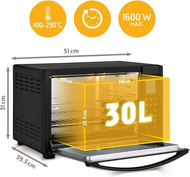 Міні-піч TZS First Austria Digital 30L 1600W з регулюванням температури, таймером та аксесуарами - для кухні та кемпінгу