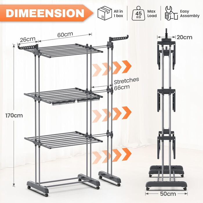 Сушарка для білизни Huracan 2в1: тур, розкладна, висувна, сіра. 3 яруси, 2 тримачі для шкарпеток та білизни.
