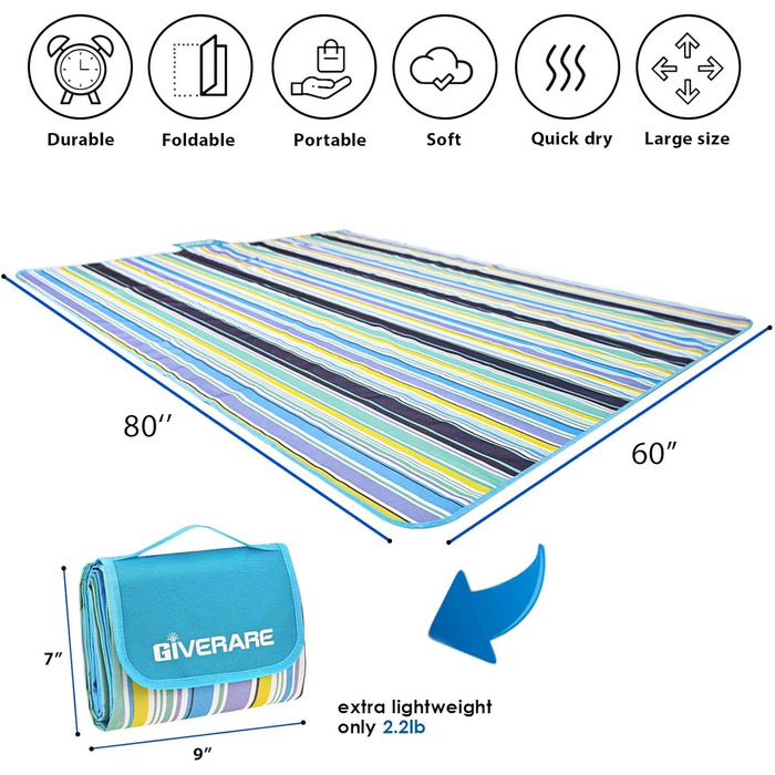 GIVERARE Пікнікова ковдра для пляжу, XL, пісконепроникна, водовідштовхувальна, для кемпінгу, на відкритий простір, швидковисихаюча, сімейна, для подорожей, пікніків, фестивалів, газону