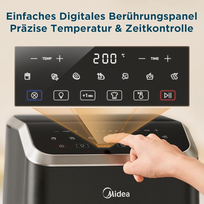 Аерофритюрниця Midea 5 л з технологією HeatXpress, 90% менше олії, енерго- та часозбереження, 7 програм, оглядове вікно з підсвіткою, антипригарне покриття, чорна