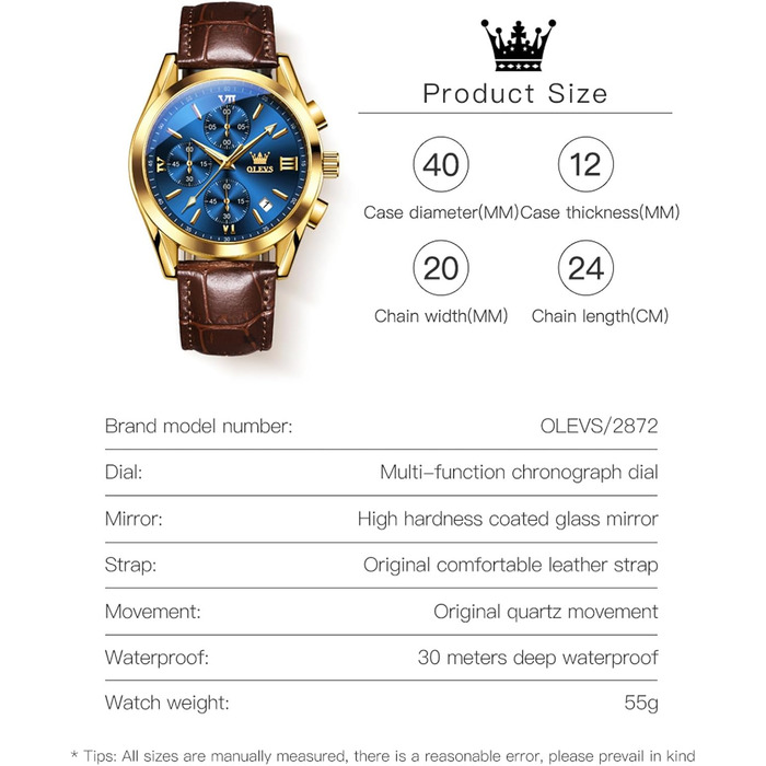 Чоловічий годинник-хронограф OLEVS 2872: кварцовий механізм, підсвічування, синій циферблат та шкіряний ремінець