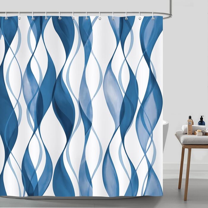 Шторка для душу Bonhause 180x180 см, водовідштовхувальна, антигрибкова, смугаста, поліестер, з кільцями (12 шт.), блакитна