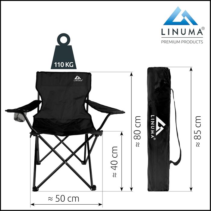 LINUMA® Складний стілець для риболовлі та відпочинку на природі - чорний, з підстаканником та сумкою для перенесення