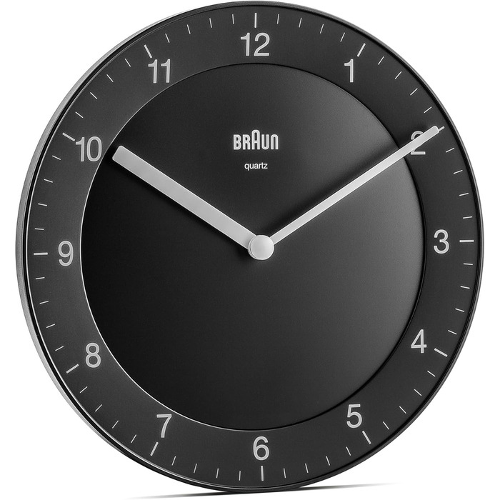 Braun Classic analog wall clock with quiet quartz movement, easy-to-read dial with a 20 cm diameter in black, model BC06B.