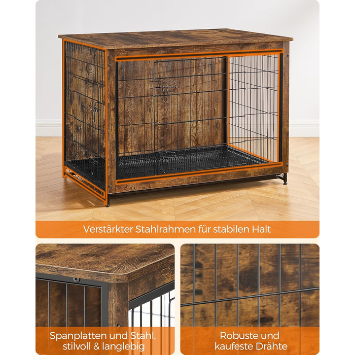 Клітка для собак Feandrea з функцією столику, сучасна собача будка для собак до 36 кг, міцна, для дому, з висувним піддоном, 2 двері, вінтажний коричневий PFC004X01, 112 x 75 x 82 см