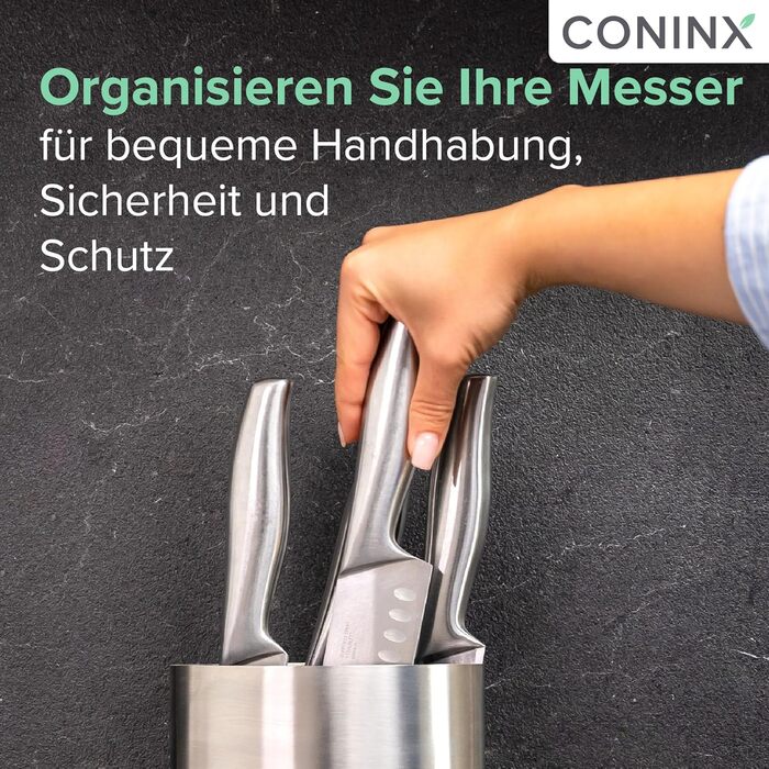 Coninx Knife Block without knives - Knife block with brush insert - Knife Block in Silver - Universal empty knife block stainless steel - Empty knife holder - Suitable for all kitchen knives