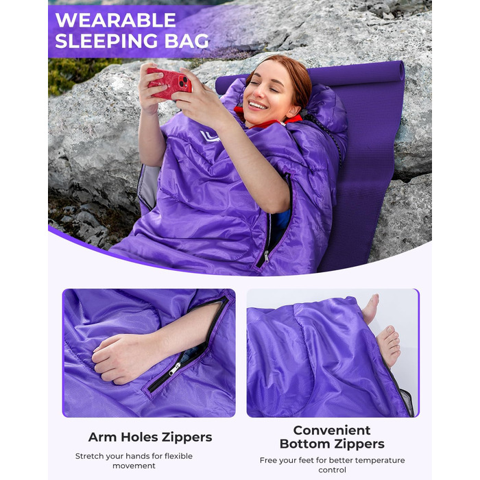 3-4 Season Sleeping Bag - Waterproof, Lightweight Sleeping Bag for Camping, Travel & Outdoor Activities - 220x84cm, 1.9KG (Violet)