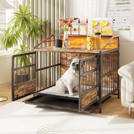 Клітка для собак з полицею для зберігання, знімний піддон, міцна конструкція, для середніх собак, внутрішня будка для собак з дерев'яною поверхнею столу, будиночок для собак, 80x50x76 см, чорний (M)