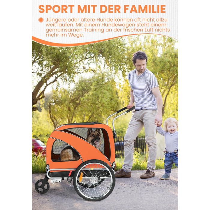 SEPNINE® Велосипедна причепа для собак XL, 2-в-1: причеп та візок для собак з відбивачами та гальмом, матеріал: 600D Oxford Canvas, максимальне навантаження 40 кг, помаранчевий колір