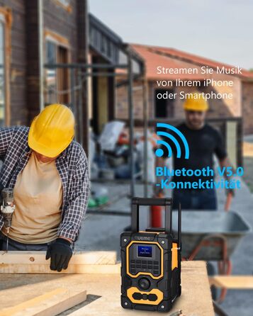 Радіо для будівельного майданчика DAB+ FM з Bluetooth 5.0, 16W стерео, акумулятор 8000mAh (18h), USB зарядка, Aux, вологозахист, пилозахист (жовто-чорне)