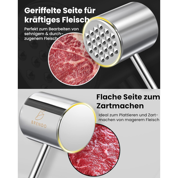 Преміум Fleischklopfer від Brendo: м'ясорубка з масивного нержавіючої сталі, двостороння, з плоскою та зубчастою поверхнею для будь-якого м'яса, + E-Book рецептів, придатна для миття в посудомийній машині, шніцельниця
