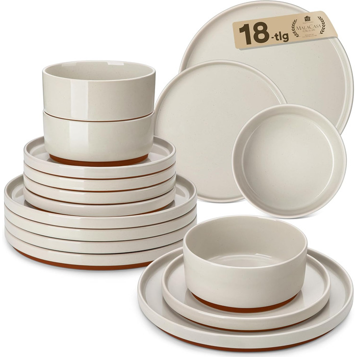 MALACASA Набір посуду з каменю 18 предметів для 6 осіб, керамічний сервіз з глазур'ю Сезам, набір тарілок та мисок, білий з коричневою основою, білий