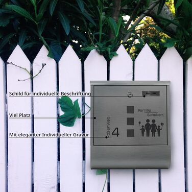 Поштовий ящик Grafner з нержавіючої сталі, персоналізований з газетницею та 2 ключами. Гравіювання імені, вулиці та номера будинку. Комплект для монтажу (Сім'я 4)