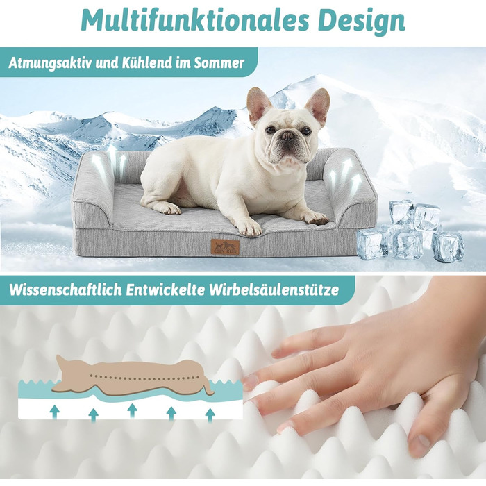 Ортопедичне ліжко для собак середнього розміру COZY KISS з знімним, пральним чохлом. Підтримує хребет, водонепроникні бортики та протиковзна основа. Розмір: 91x69x16 см, колір: сріблясто-сірий