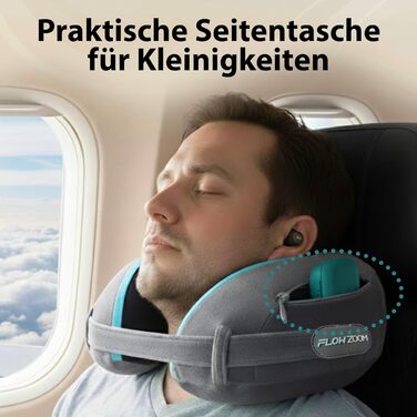 Подушка для шиї FlowZoom Dream Pro з додатковою бічною підтримкою та регульованим липучкою кріпленням - подушка для подорожей в літак з піною з пам'яті - з чохлом та подарунковою упаковкою - Сірий