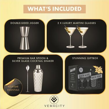 Набір для коктейлів Vemacity: шейкер (500 мл) + 2 келихи Espresso Martini з золотим бордюром, барна ложка та джиггер | Набір бармена | Келихи та шейкер для коктейлів | Ідеальний подарунок на Різдво та Новий рік | Золотий шейкер та класичні келихи Мартіні