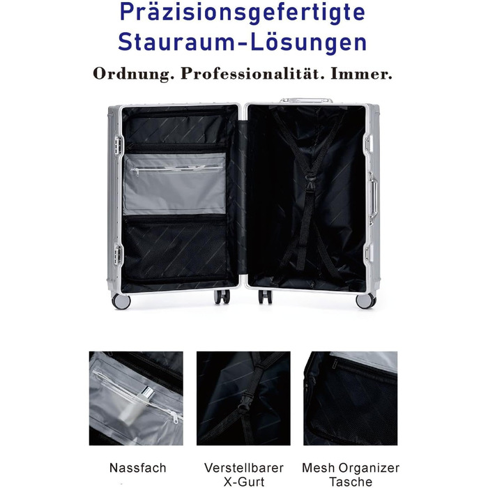 Валіза Aoliwei середнього розміру M (67 см) з алюмінієвим каркасом, полікарбонат, 65Л, з підстаканником та TSA-замком, срібляста
