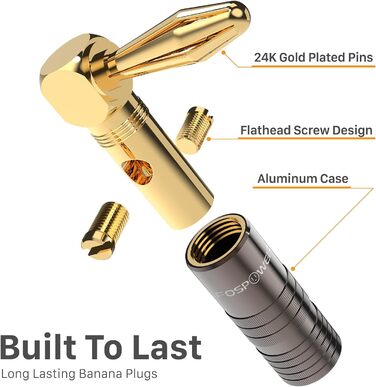Позолочені кутові бананові роз'єми FosPower для акустичних кабелів, Hi-Fi підсилювачів та домашнього кінотеатру, з подвійними фіксаційними гвинтами (12 шт / 6 пар)