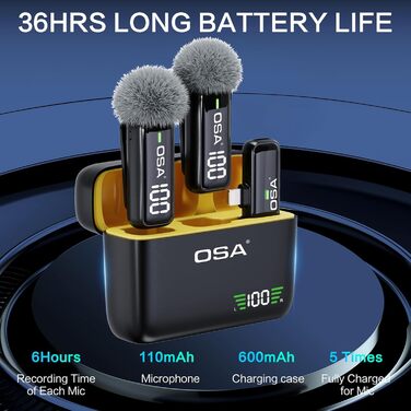 OSA Бездротовий петличний мікрофон: професійний комплект з двома мікрофонами, Plug-and-Play, для iPhone, Android, камери, ПК, з зарядним кейсом