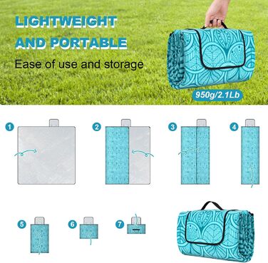 Пікнікова ковдра SOMLAW 200x200 см, водовідштовхувальна, для 4-6 осіб, XXL, з ручкою, ідеальна для кемпінгу та пікніків (блакитна)