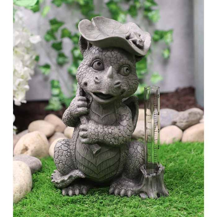 Ebros Whimsical Raindrop Keep Falling On My Head Baby Dragon with Lilypad Umbrella Rain Gauge Statue Fairy Garden Art Stone Resin Figurine