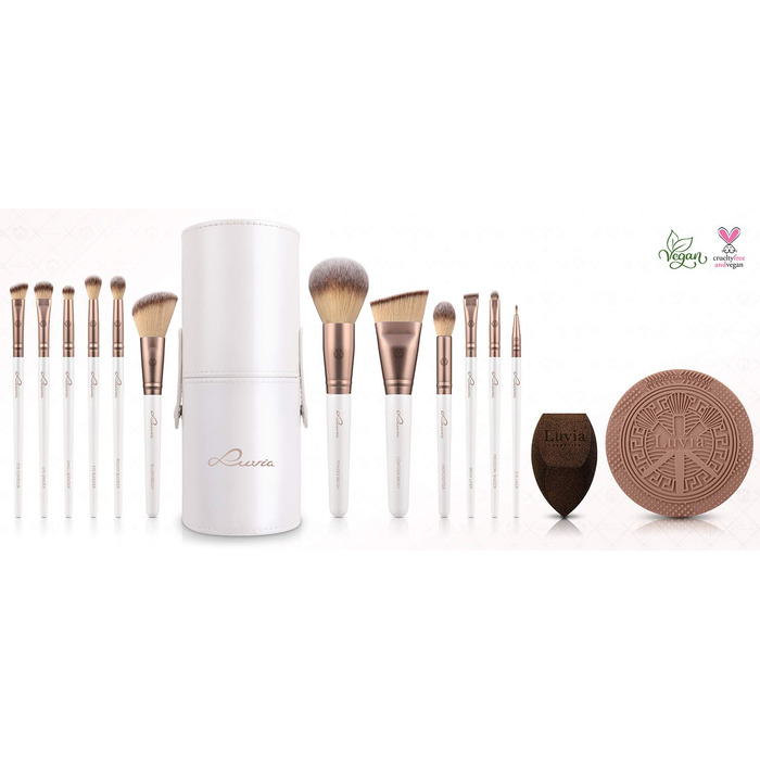 Luvia Prime Vegan Pro Makeup Brush Set - 12 Brushes, Blender Sponge, Cleaning Mat - Pearl & Coffee