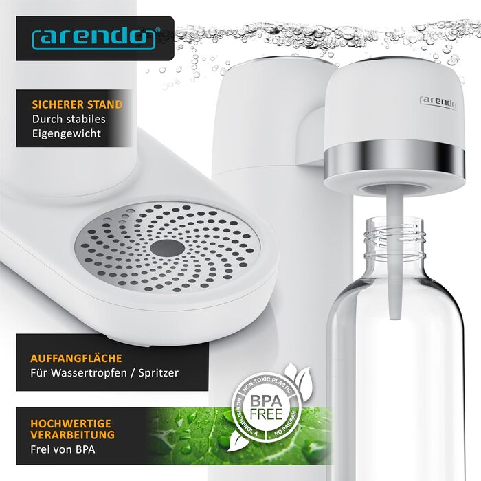 Arendo Soda Maker - Газова вода вдома: приготуйте газовану воду без цукру та барвників! Сумісний з CO2 балонами 60 л, пляшка 1000 мл, BPA free