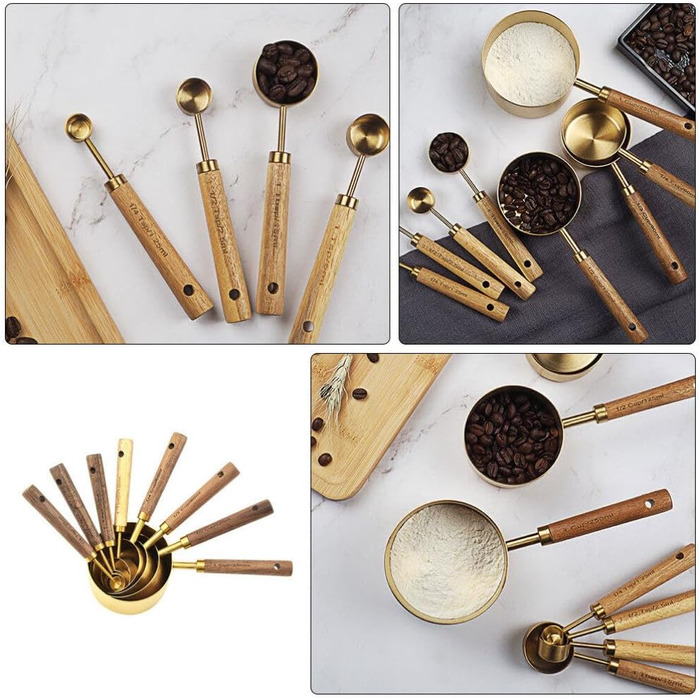 STOBAZA Measuring Cup and Spoon Set of 8 Stainless Steel Pieces, Stackable Measuring Cups and Kitchen Baking Utensils with Wooden Handle for Wine Ingredients, Milk Powder