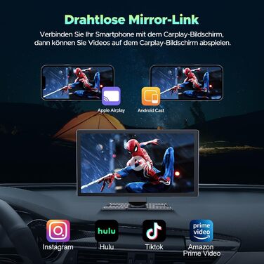 Volam автомобільна магнітола з 9'' IPS, бездротовий CarPlay та Android Auto, Bluetooth 5.0, FM, AUX, підтримка Siri та Google, портативний дисплей