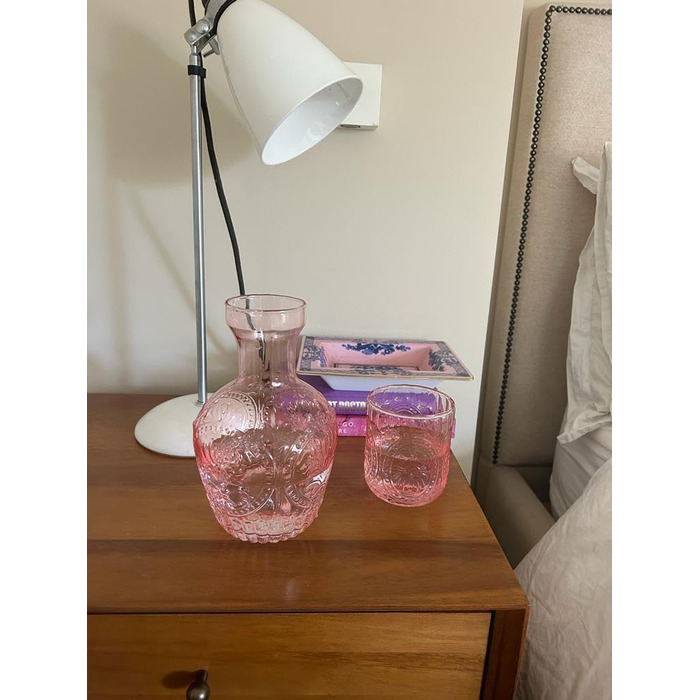 Vintage Glass Carafe with Lid & Matching Drinking Glass – 750 ml Capacity – Elegant Glass Jug for Water, Juice, or Wine – Stylish Home Decor for Kitchen or Dining Room (Pink)