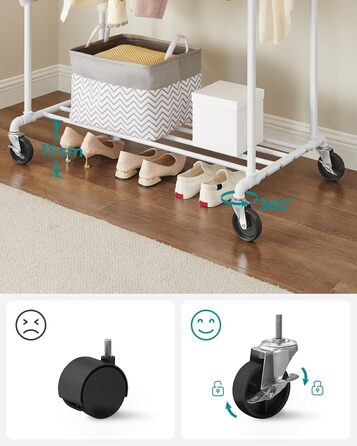 SONGMICS Clothes Rack, Clothes Rod, Coat Rack with 2 Clothes Rods and Shelf, Wheels, Load Capacity up to 110 kg, Industrial Design, for Bedroom, Dressing Room, White HSR060W01