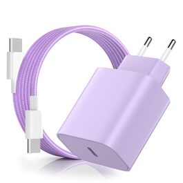 Зарядний пристрій USB-C 20W для iPhone 17/16/15 Pro/Plus, кабель Type-C 2м PD3.0 - фіолетовий