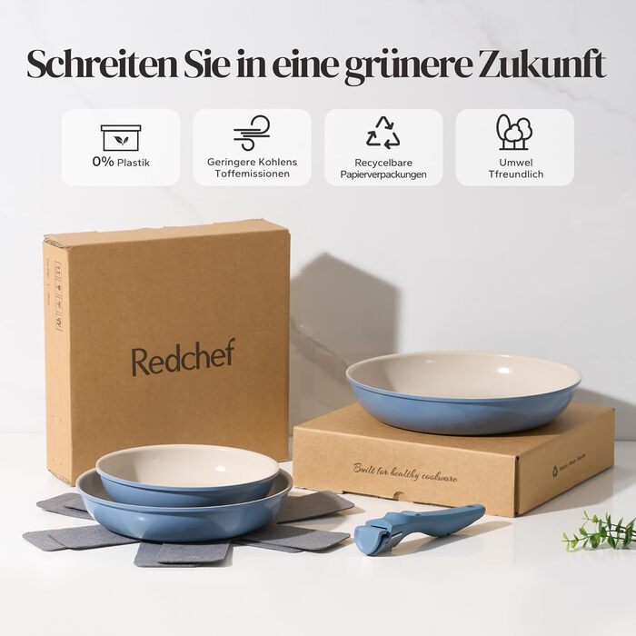 Redchef Ceramic Nonstick Pan Set - 6 Piece Induction Cookware Set (20, 24, 28 cm) - Blue