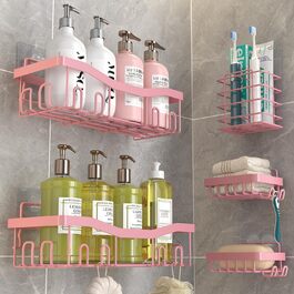 Self-adhesive shower shelf, no drilling required, bathroom organizer, 5 pieces, stainless steel shelves with soap holder and toothbrush holder, pink bathroom accessory decor set